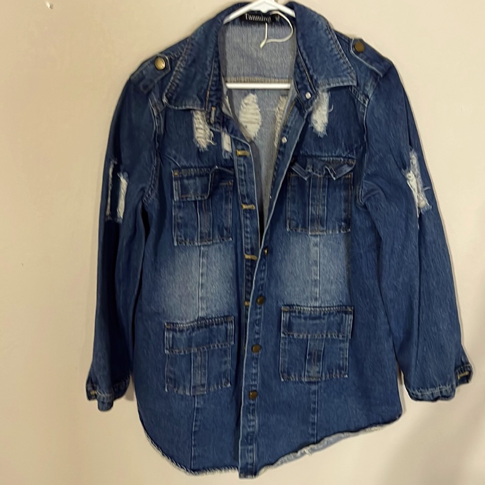 Tanming Long Military Style Denim Jacket Ragged & Distressed Size XL